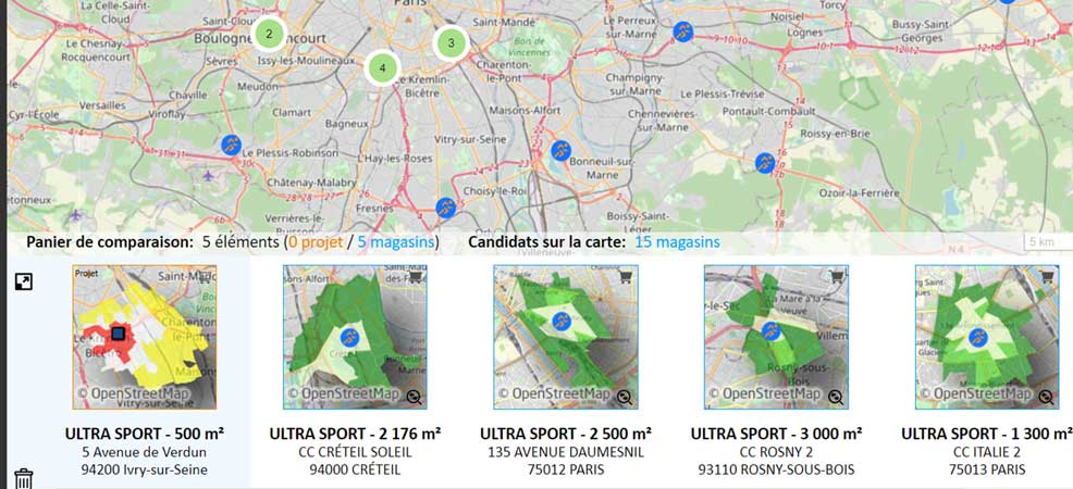 application géomarketing visuel Comparaison de points de vente et de projets
