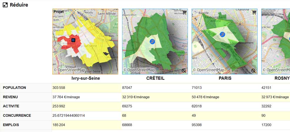 application géomarketing visuel Comparaison de points de vente et de projets
